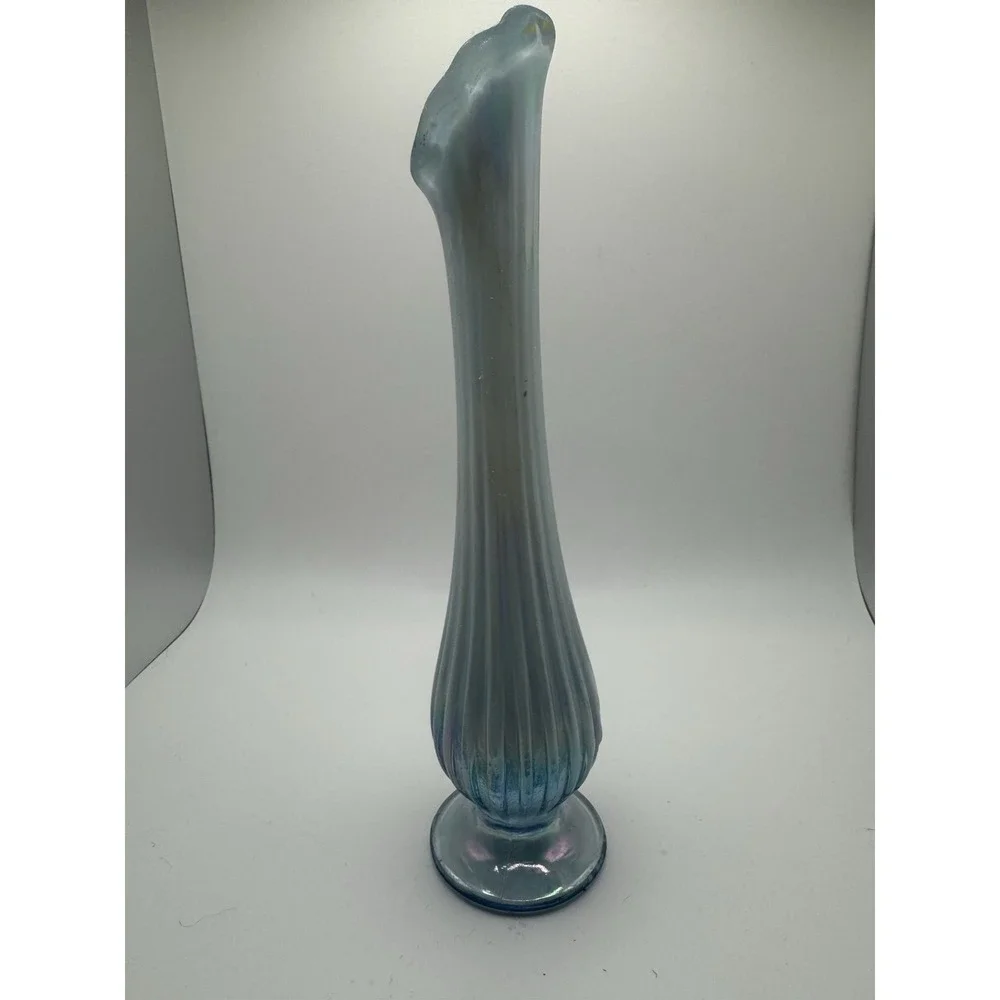 FENTON GLASS 1997 MISTY‎ BLUE SATIN BUD VASE, FABERGE, 7.5